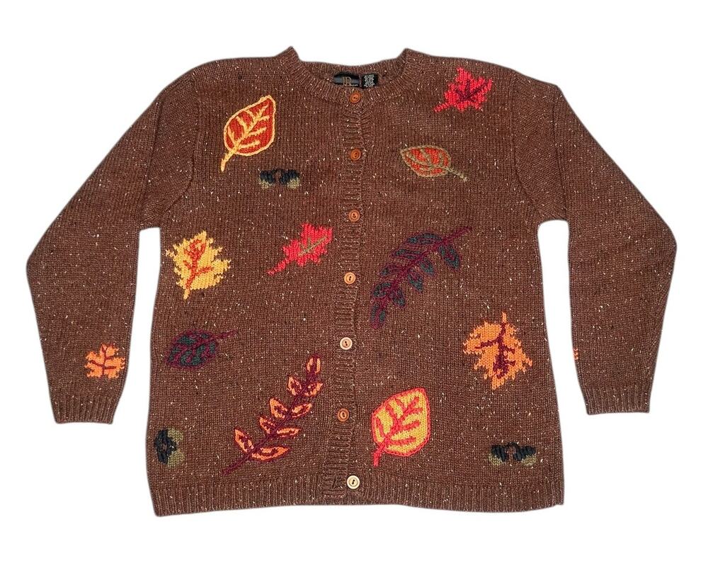 Vintage 90s Jenny Buchanan Fall Leaves Knit Cardigan Sweater\